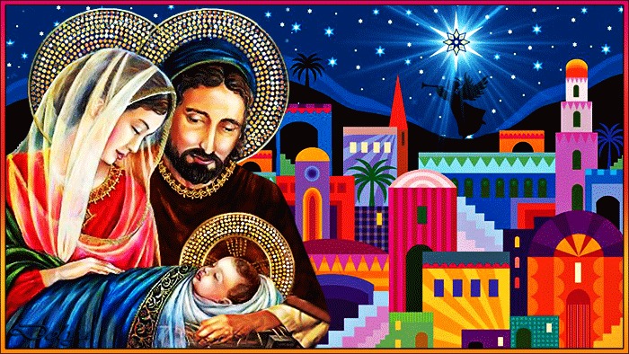 Дева Мария и Иосиф держат новорожденного Иисуса - с Рождеством Христовым